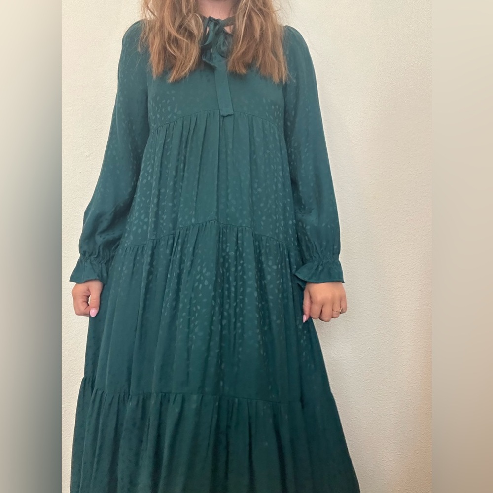 Anthropologie Blue and Green Long Sleeve Sundress with Peter Pan Collar